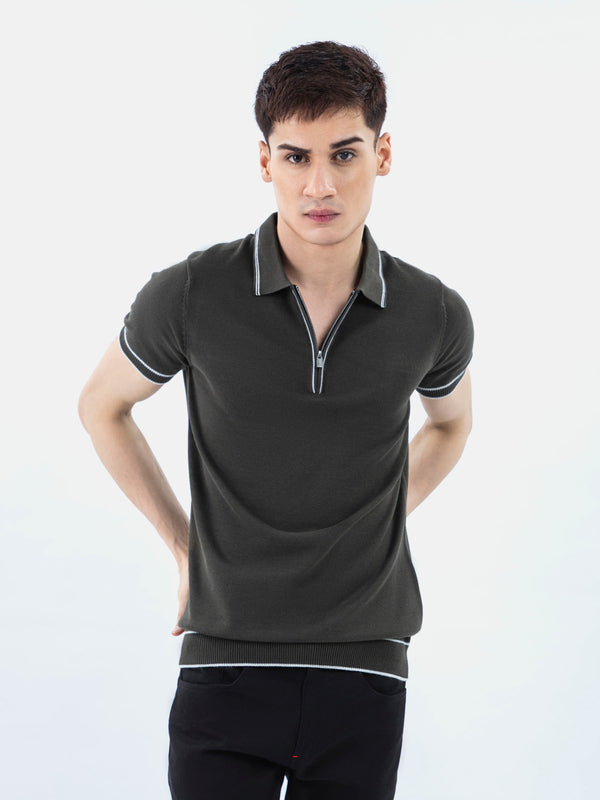Olive Green Flat Knit Polo With Zipper