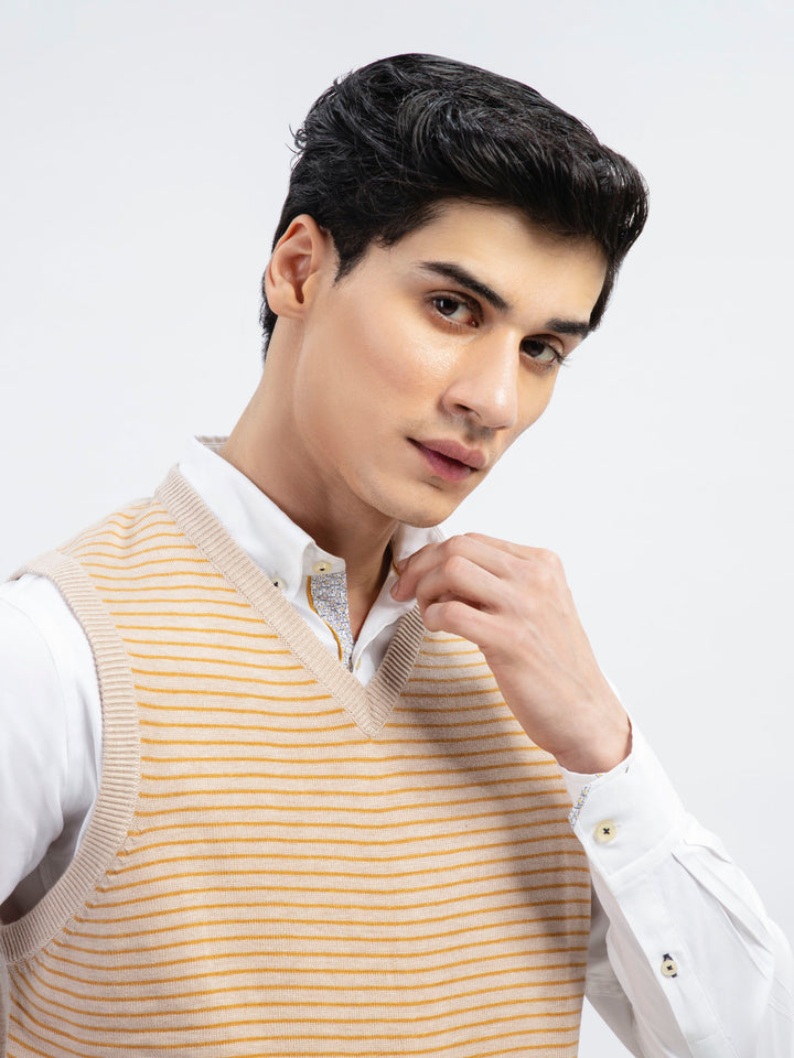 Beige Striped Wool Blended Sleeveless Sweater Brumano Pakistan