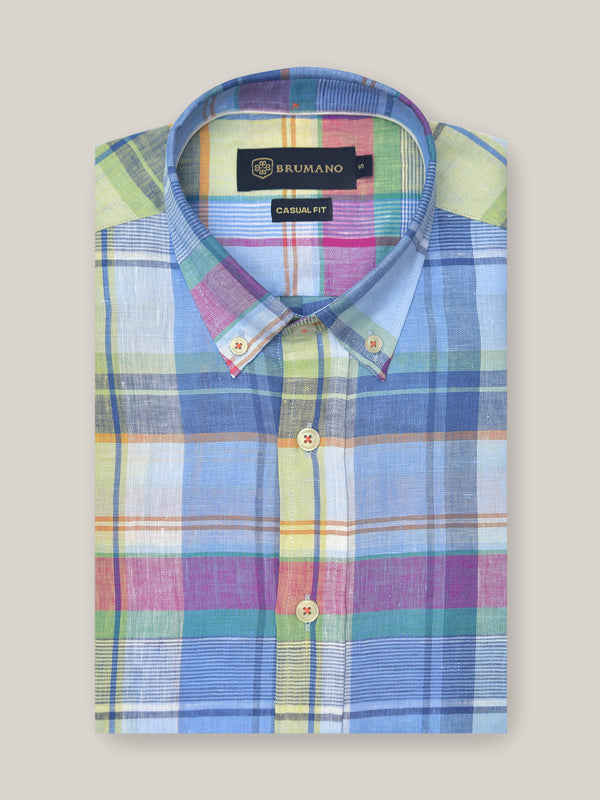 Blue Multi Colored 100% Linen Checkered Shirt