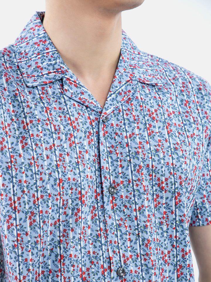 Blue & Red Printed Half Sleeve Cuban Collar Shirt Brumano Pakistan