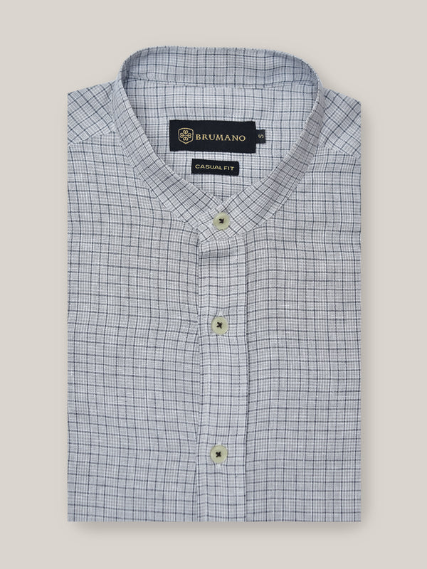 Grey Cotton/Linen Mao Collar Checkered Shirt Brumano Pakistan