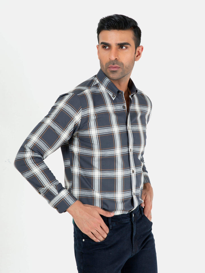 Grey & Beige Large Checkered Button Down Shirt Brumano Pakistan