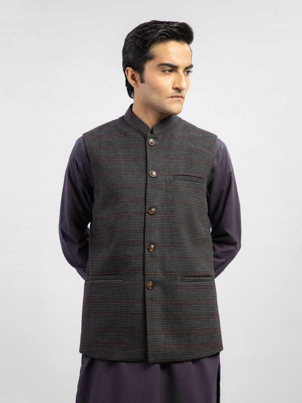 Grey & Maroon Checkered Wool Blended Waistcoat Brumnao Pakistan