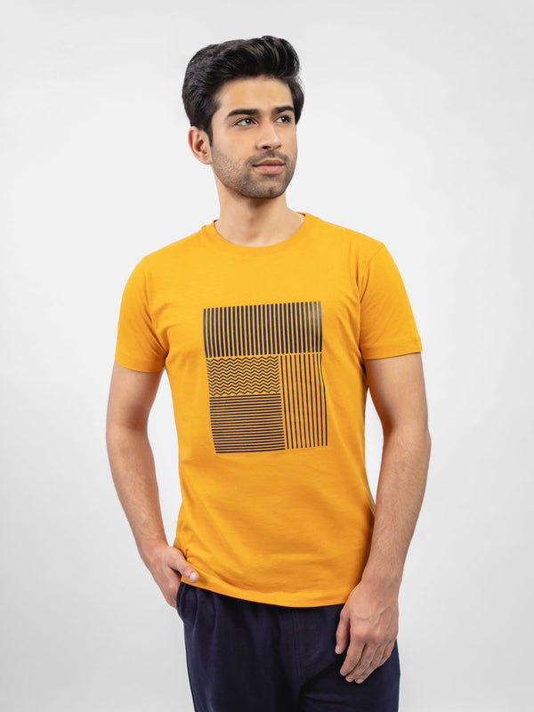 Mustard Abstract 3d Printed Crew Neck T-Shirt Brumano Pakistan