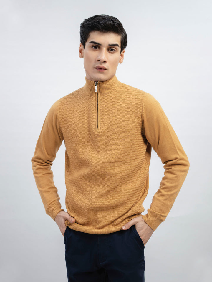 Mustard Wool Textured Half-Zip Sweater Brumano Pakistan