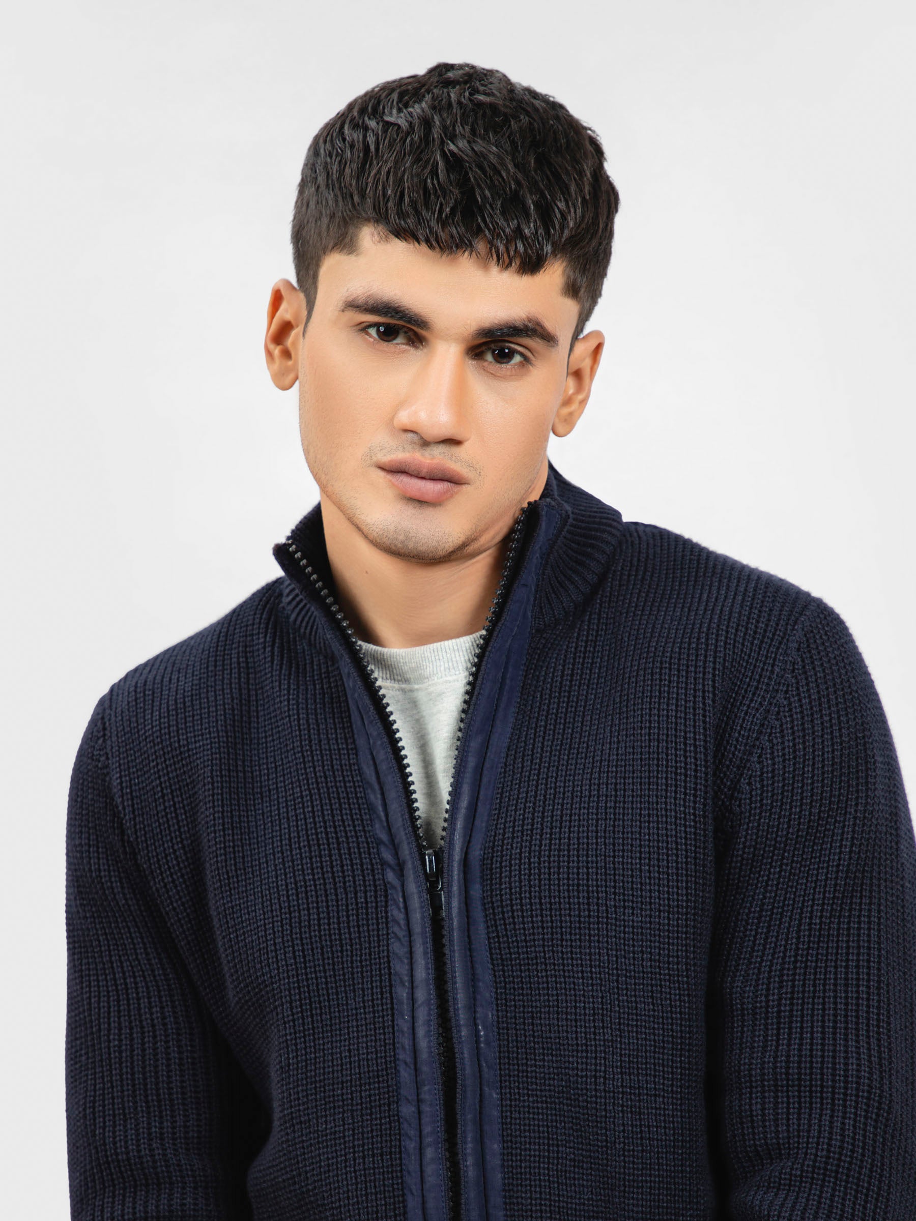 Navy Blue Knitted Textured Zipper Jacket With Detailing Brumano