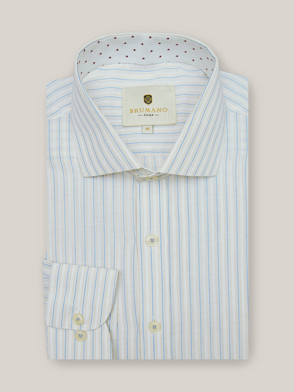 Beige & Blue Striped Cotton Linen Formal Shirt