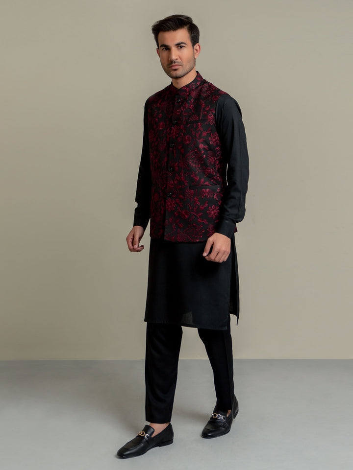 Black & Maroon Embroidered Sartoria Waistcoat Brumano Pakistan