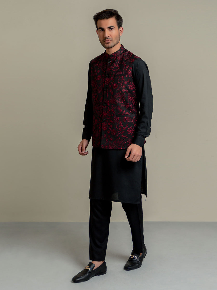 Shalwar Kameez Red Waistcoat Black Suit Luxury Embroidered Open
