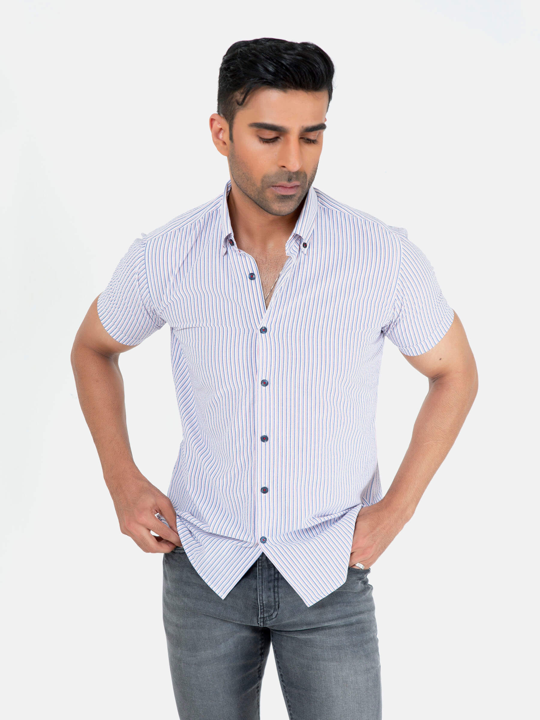 Blue And White Striped Seersucked Half Sleeve Shirt Brumano 6828