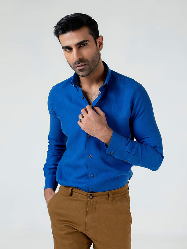 Royal Blue 100% Linen Button Down Shirt Brumano Pakistan