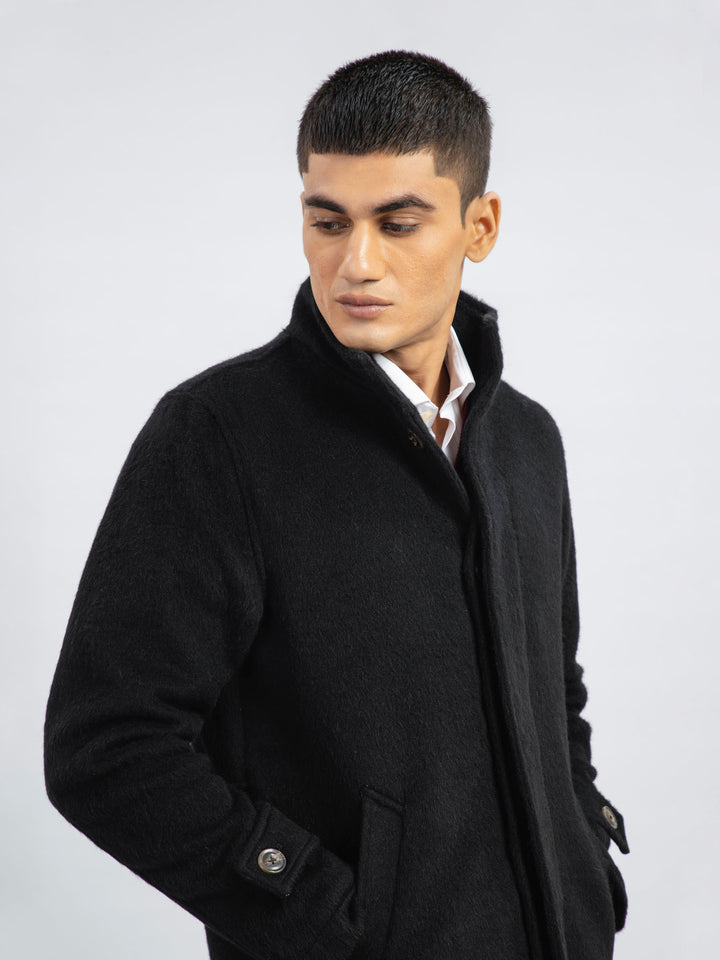 100% Wool Black Long Coat - Limited Edition Brumano Pakistan