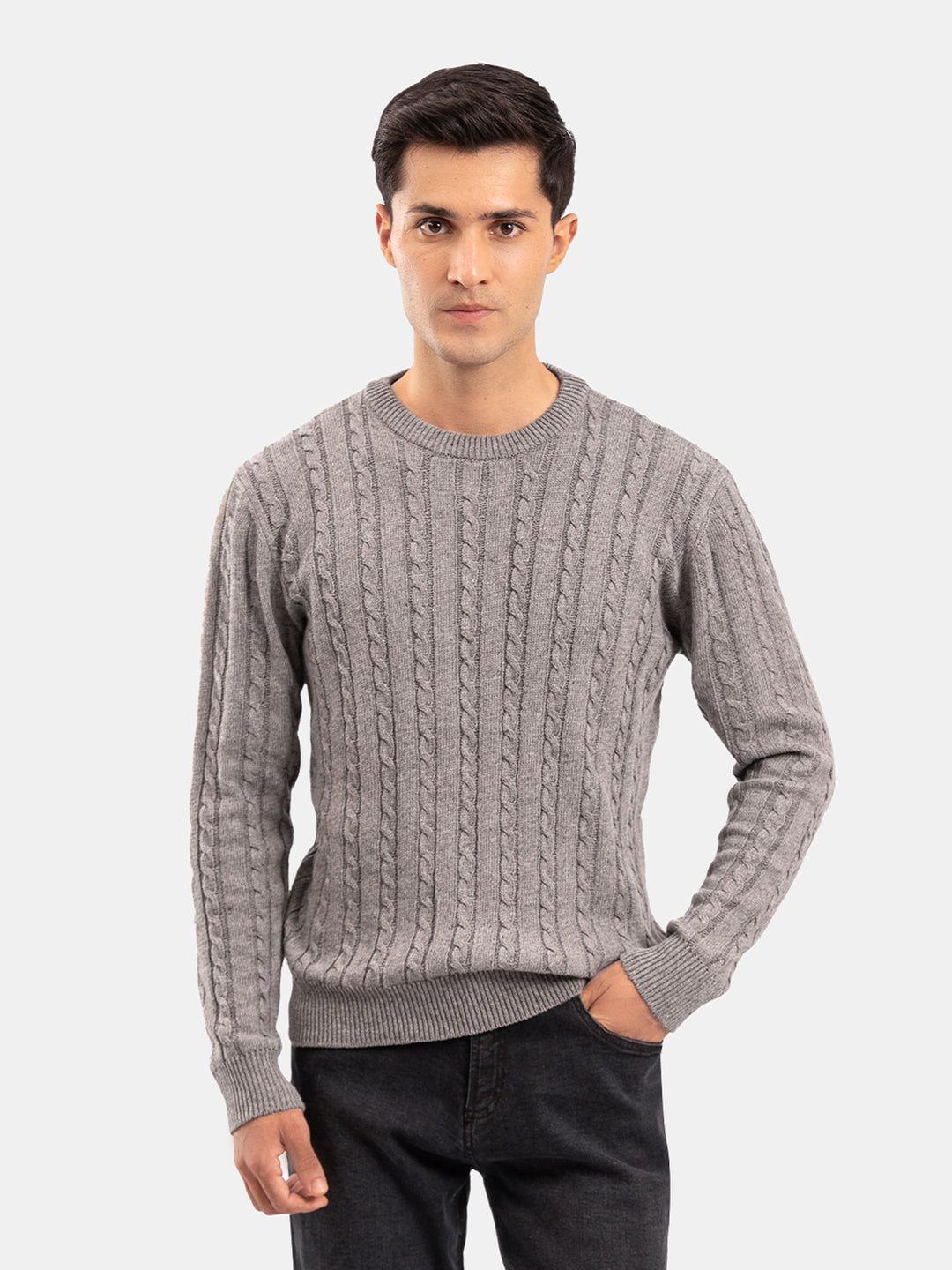 Brown Cable Knit Wool Blended Crew Neck Jumper