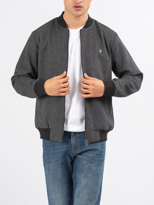 Dark Grey Herringbone Structured Wool Bomber Jacket