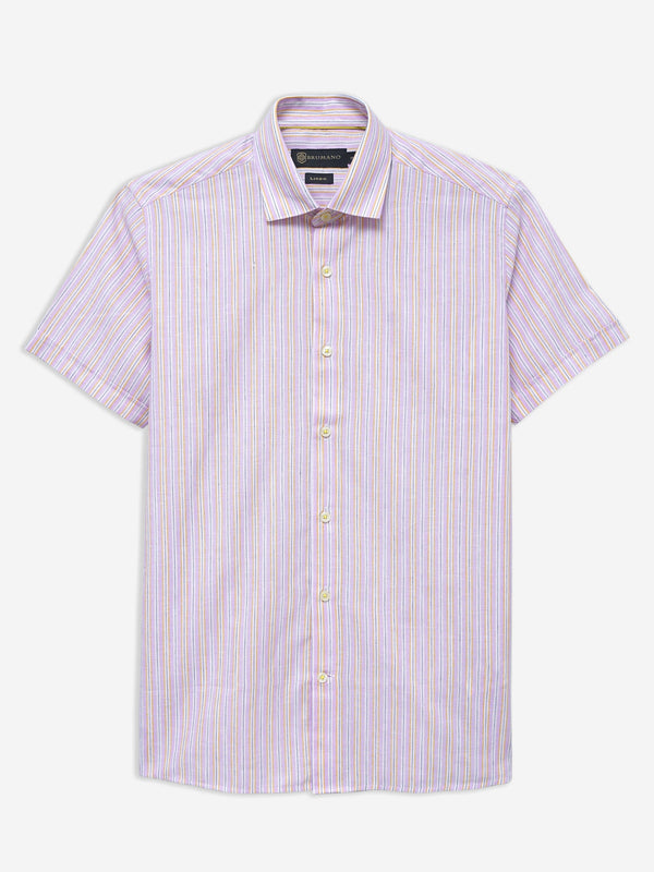 Pink Linen Striped Half Sleeve Shirt