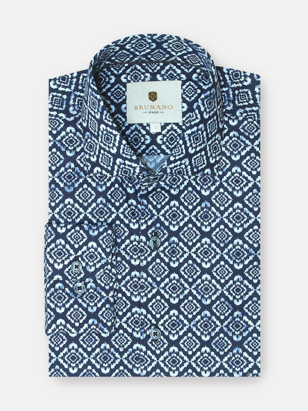 Navy Blue & White Motif Printed Shirt