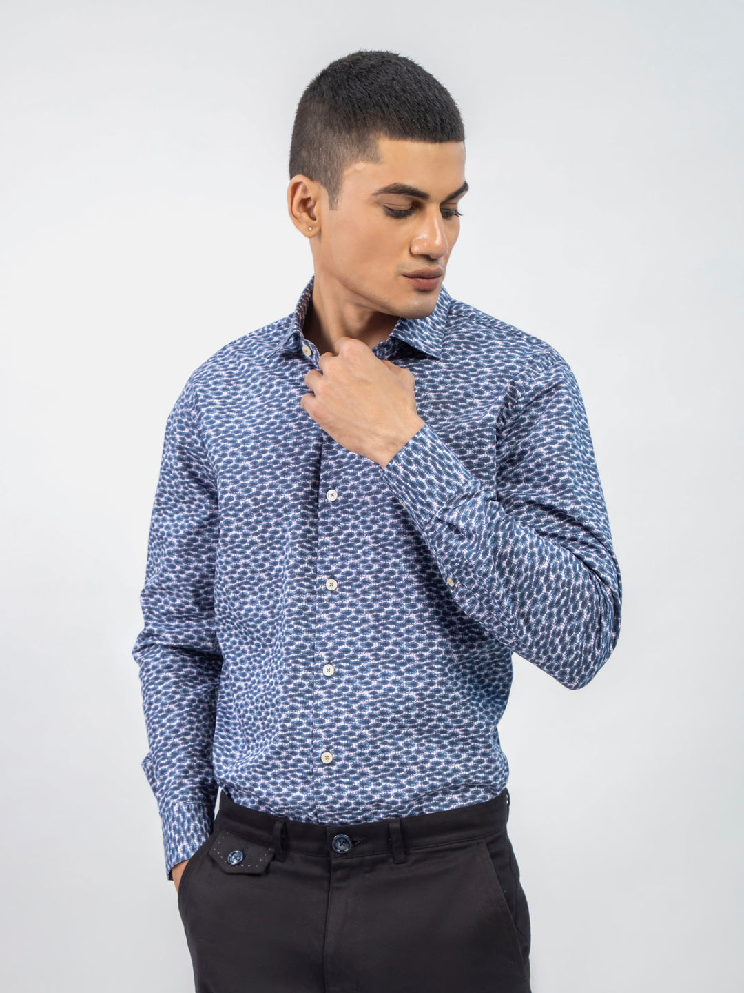 Navy Blue Abstract Printed Shirt With Classic Collar