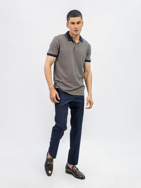 Beige & Navy Jacquard Slim Fit Polo Shirt