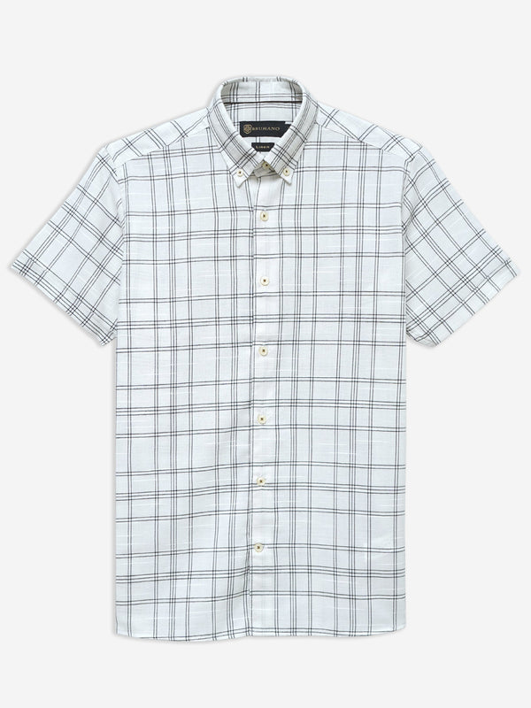 Beige & Black Linen Checkered Half Sleeve Shirt