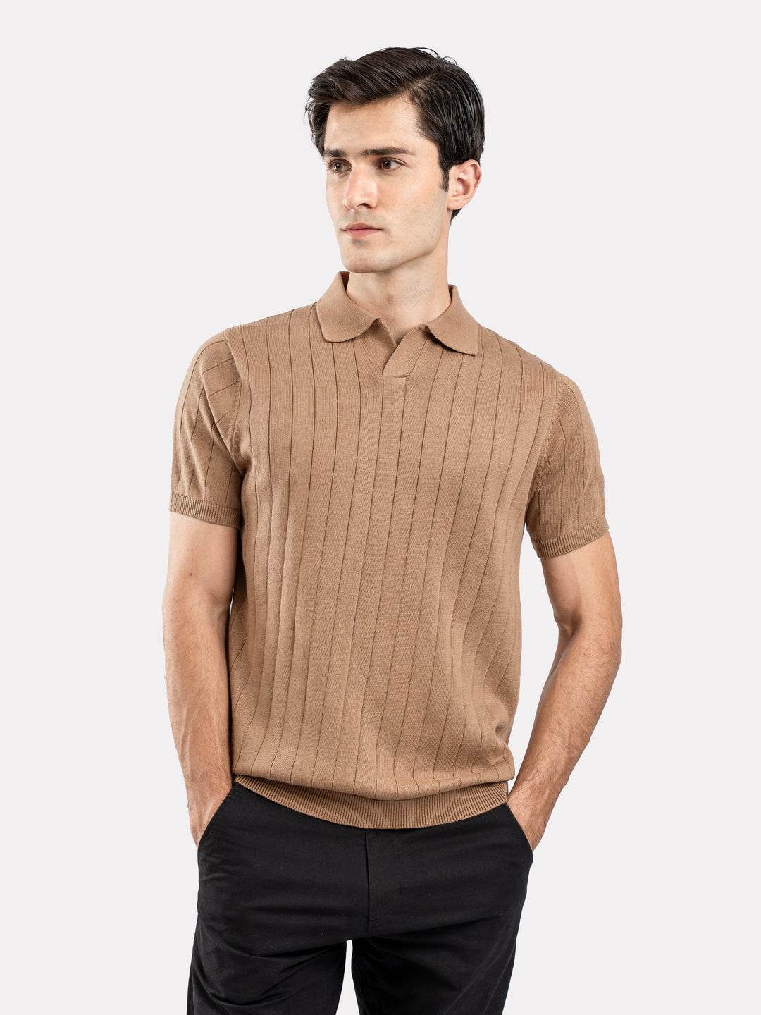 Brown Drop Needle Flat Knit Polo