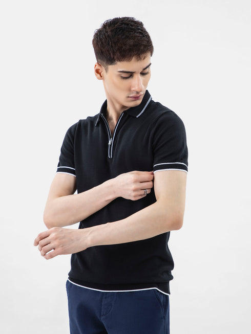 Black Flat Knit Polo With Zipper