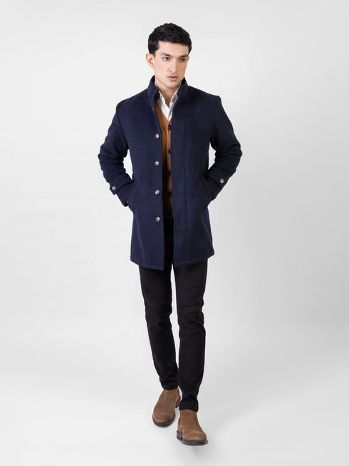 Navy Blue Wool Blended Long Coat