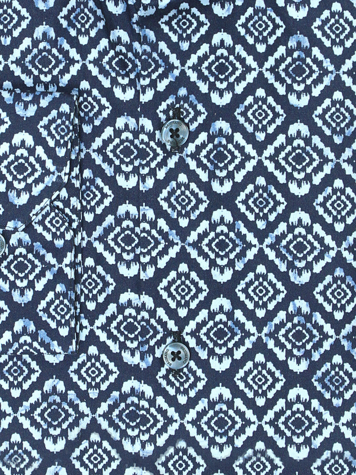 Navy Blue & White Motif Printed Shirt