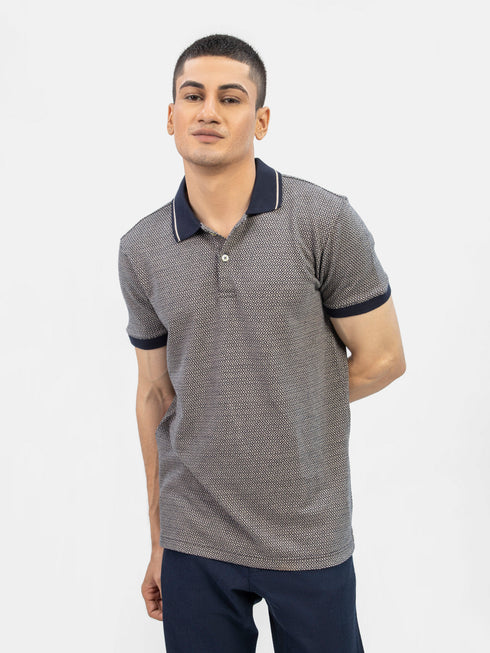 Beige & Navy Jacquard Slim Fit Polo Shirt