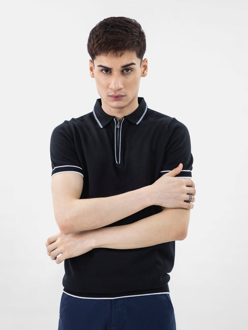 Black Flat Knit Polo With Zipper