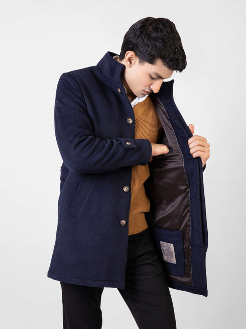 Navy Blue Wool Blended Long Coat