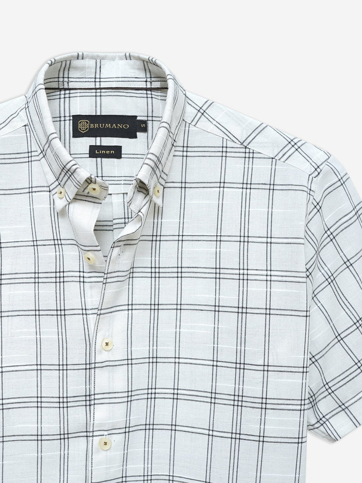 Beige & Black Linen Checkered Half Sleeve Shirt