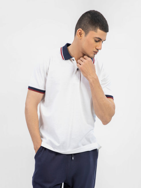 White Pique Polo With Contrasting Navy Collar