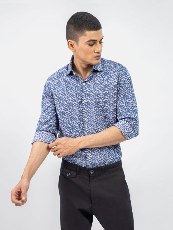 Navy Blue Abstract Printed Shirt With Classic Collar