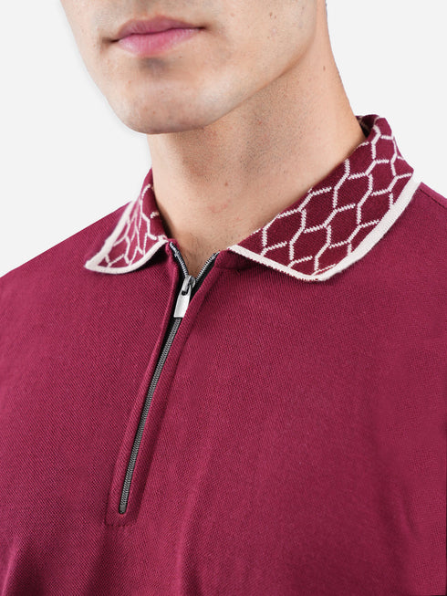 Maroon Zipper Polo With Jacquard Collar
