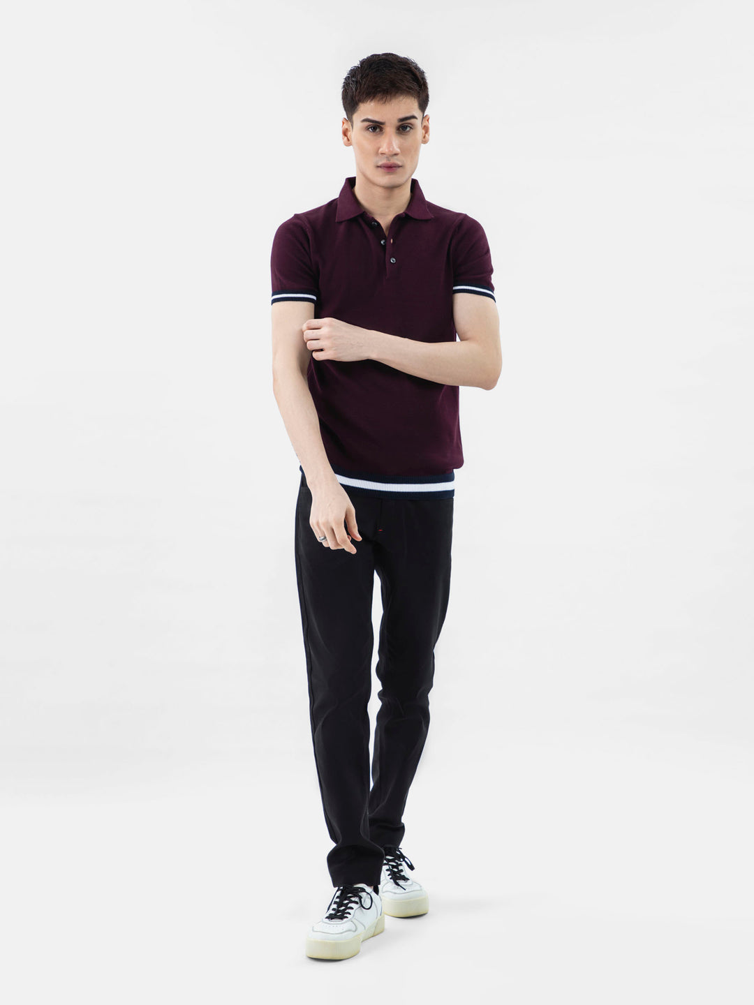 Burgundy Flat Knit Polo With Contrasting Rib