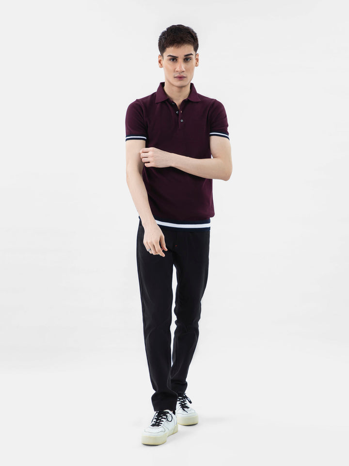 Burgundy Flat Knit Polo With Contrasting Rib