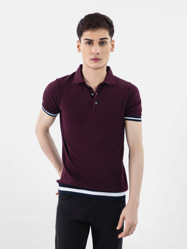 Burgundy Flat Knit Polo With Contrasting Rib