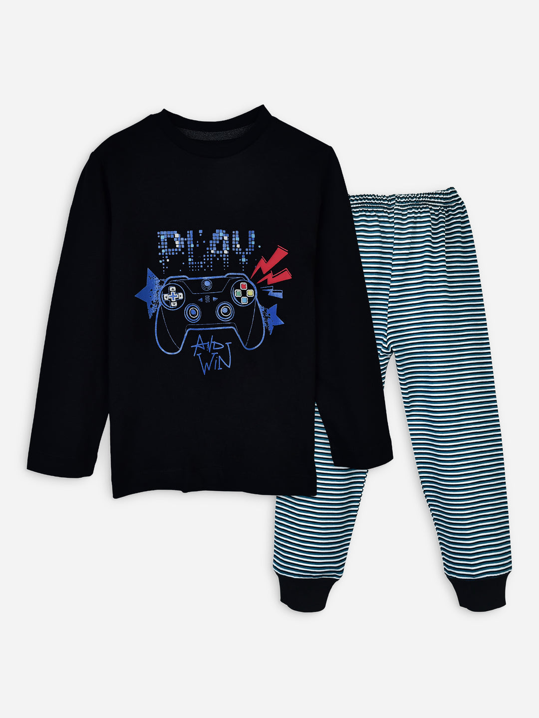 Black graphic t shirt & striped pajama set   pack of 2 brumano pakistan