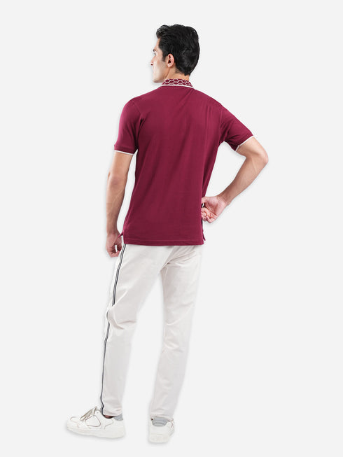 Maroon Zipper Polo With Jacquard Collar