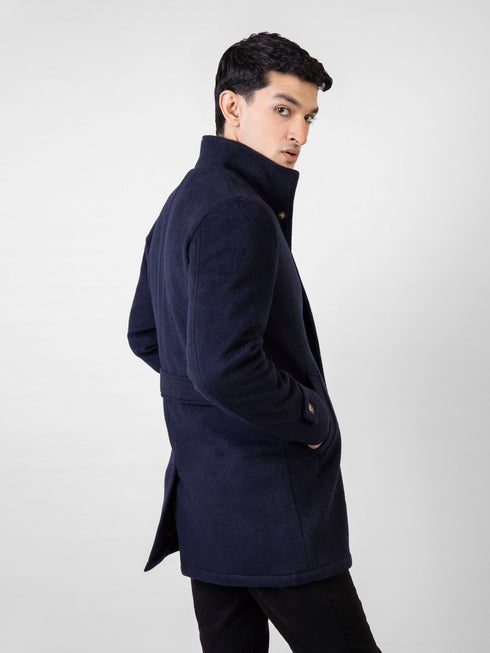 Navy Blue Wool Blended Long Coat