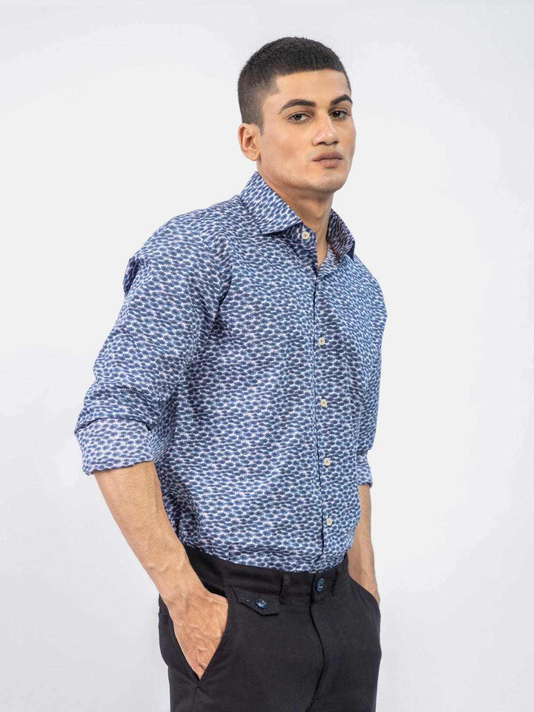 Navy Blue Abstract Printed Shirt With Classic Collar