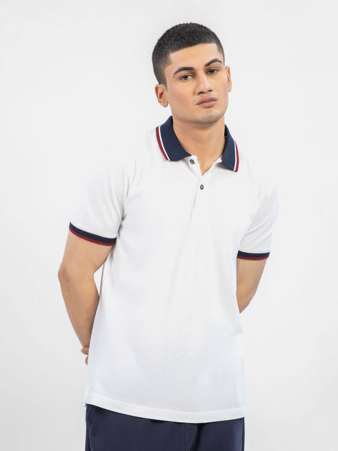 White Pique Polo With Contrasting Navy Collar