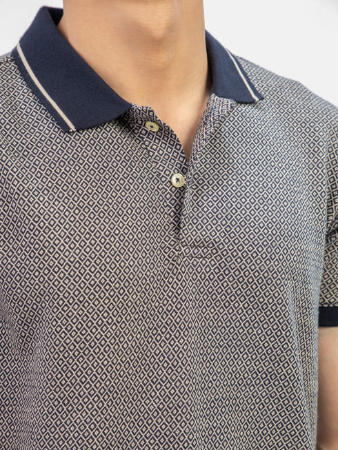 Beige & Navy Jacquard Slim Fit Polo Shirt