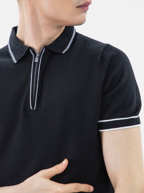 Black Flat Knit Polo With Zipper