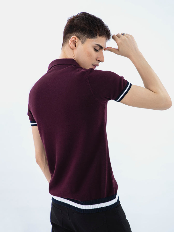 Burgundy Flat Knit Polo With Contrasting Rib