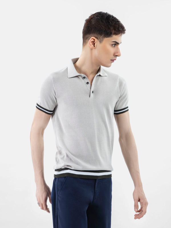 Beige Flat Knit Polo With Contrasting Rib