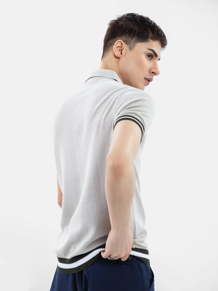 Beige Flat Knit Polo With Contrasting Rib