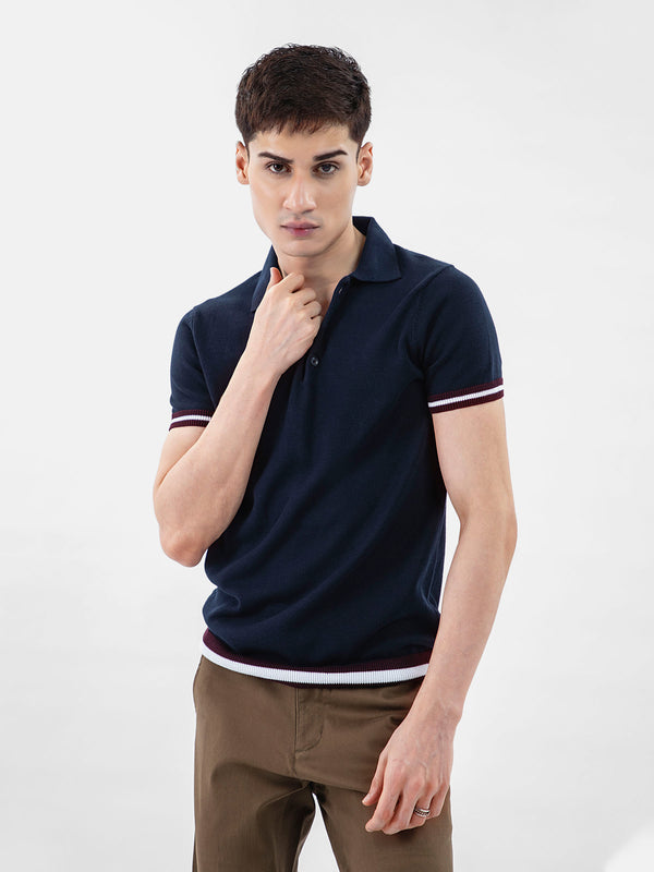 Navy Blue Flat Knit Polo With Contrasting Rib
