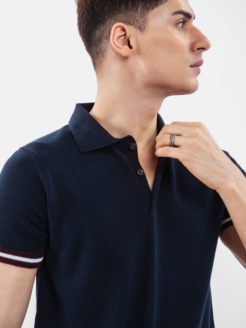 Navy Blue Flat Knit Polo With Contrasting Rib