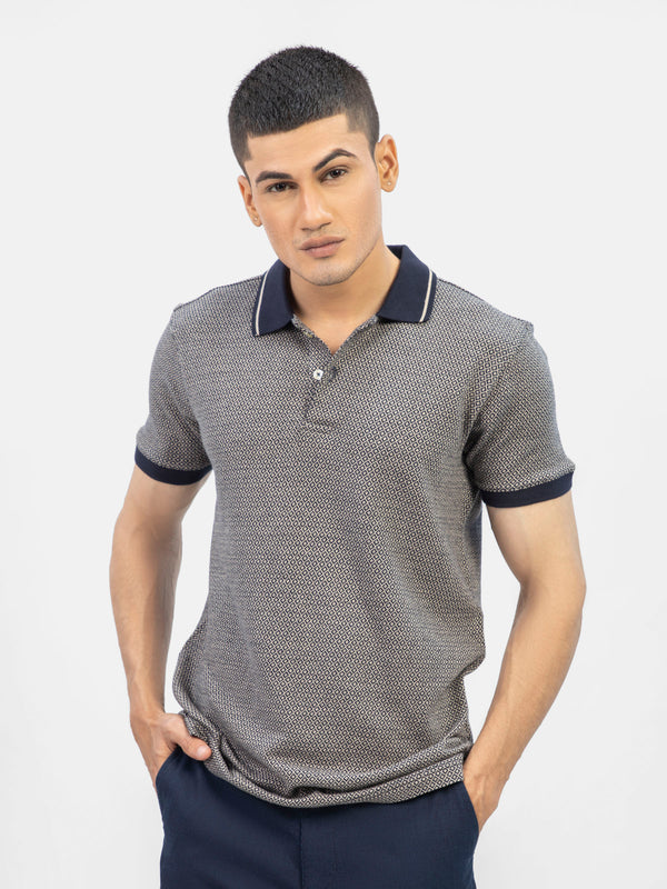 Beige & Navy Jacquard Slim Fit Polo Shirt